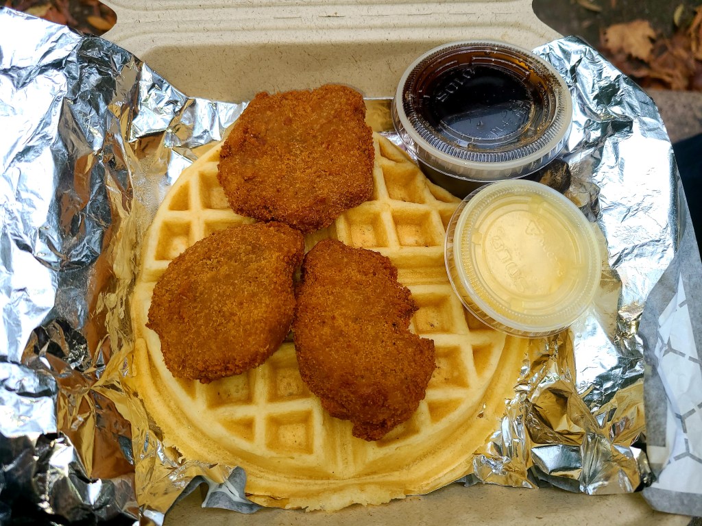 Chick'n and waffles at The Tasty, a vegan restaurant.