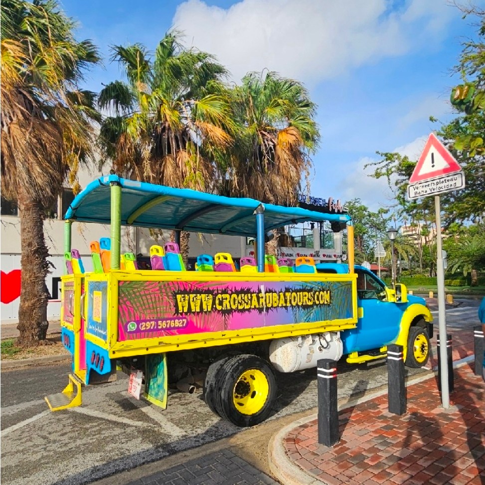 Colorful tour bus in Aruba.