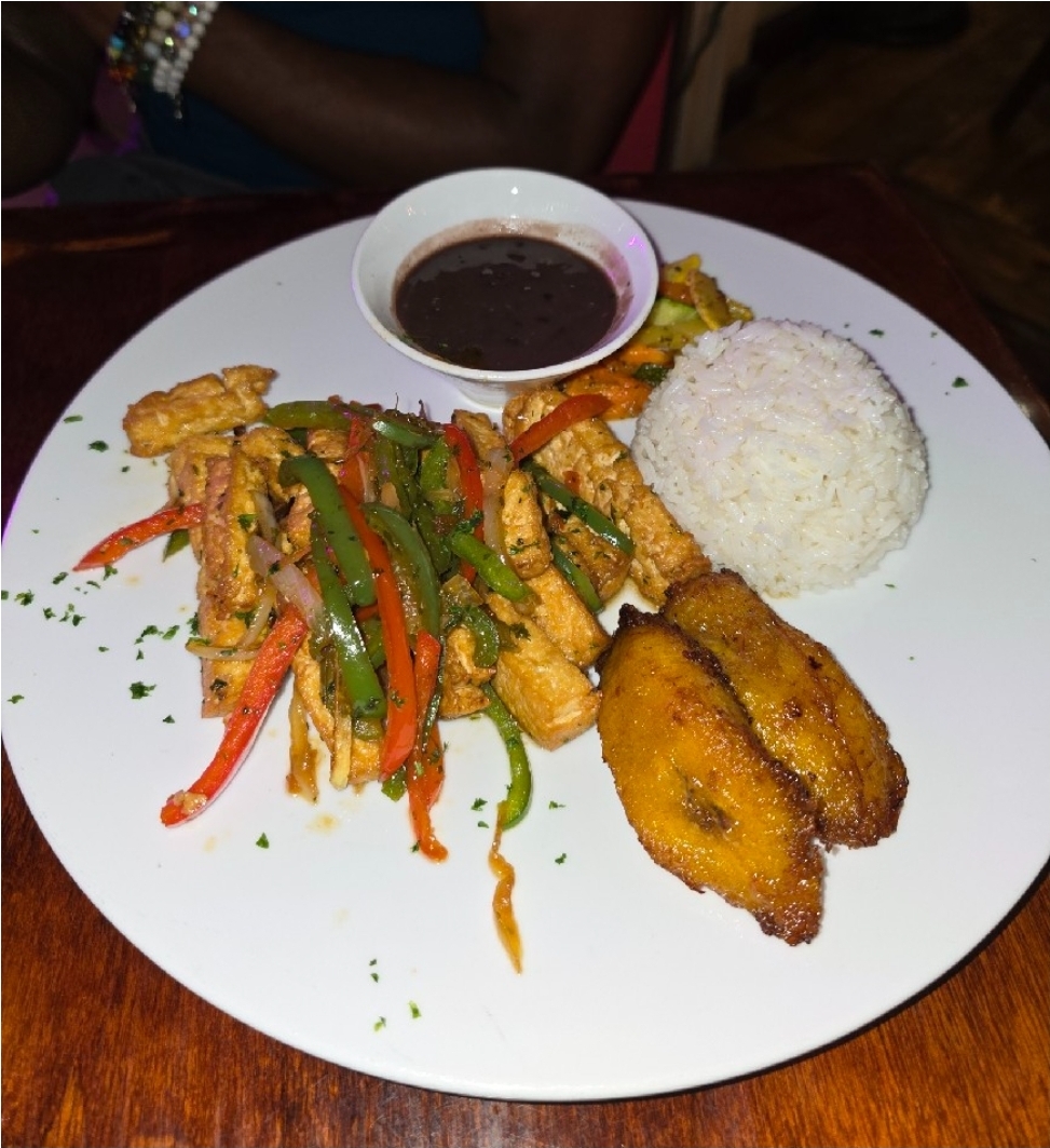 Tofu, veggies, rice, beans, and plantains at Cuba's Cookin restaurant in Oranjestad, Aruba.