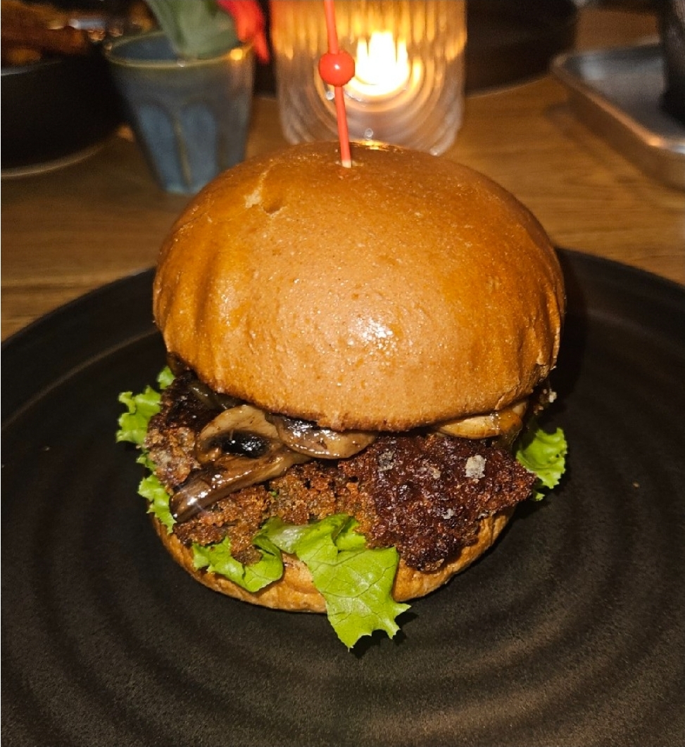 A vegan burger at On The Rocks Craft Kitchen and Bar restaurant in Palm Beach, Aruba.